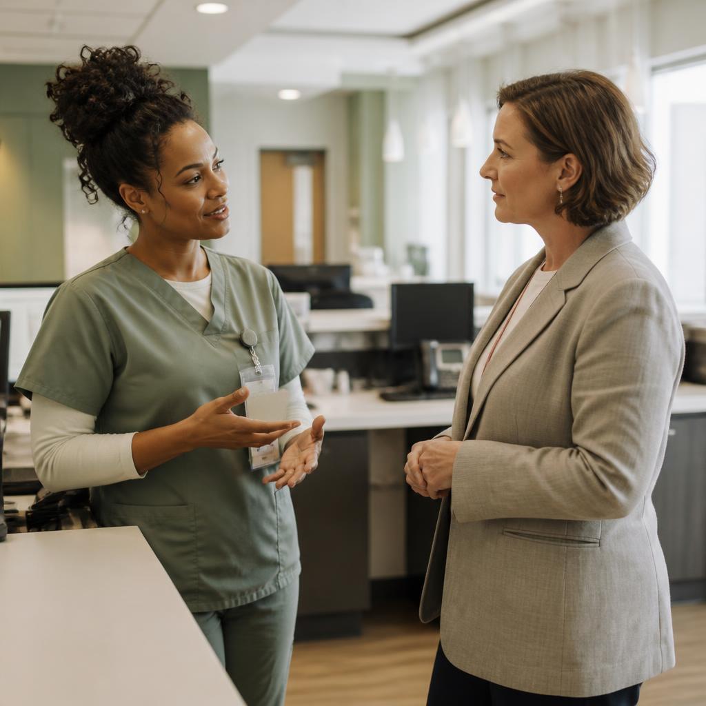Healthcare colleagues coordinating in hospital corridor