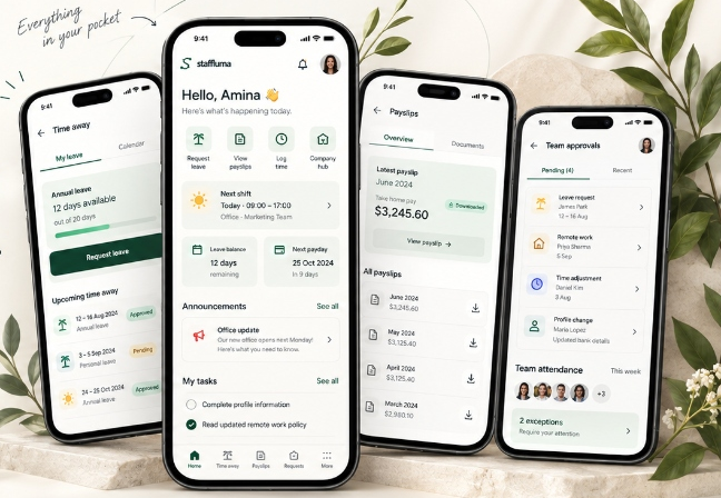 Four Staffluma mobile app screens demonstrating leave, dashboard, payslips, and manager approvals on stone pedestal with botanical accents